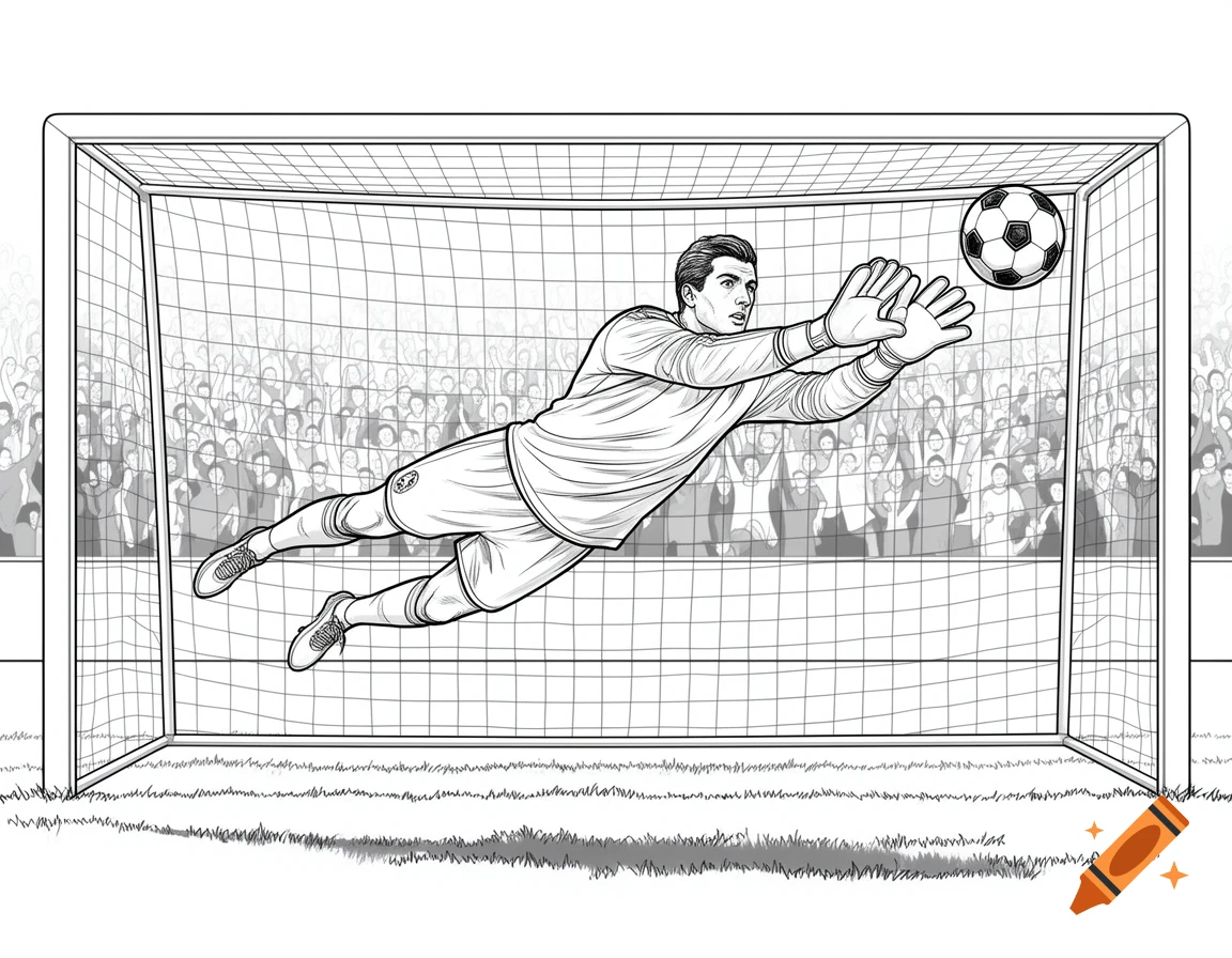 Black and white line art of a soccer goalkeeper diving to save a ball in front of a goal, with a crowd in the background.
