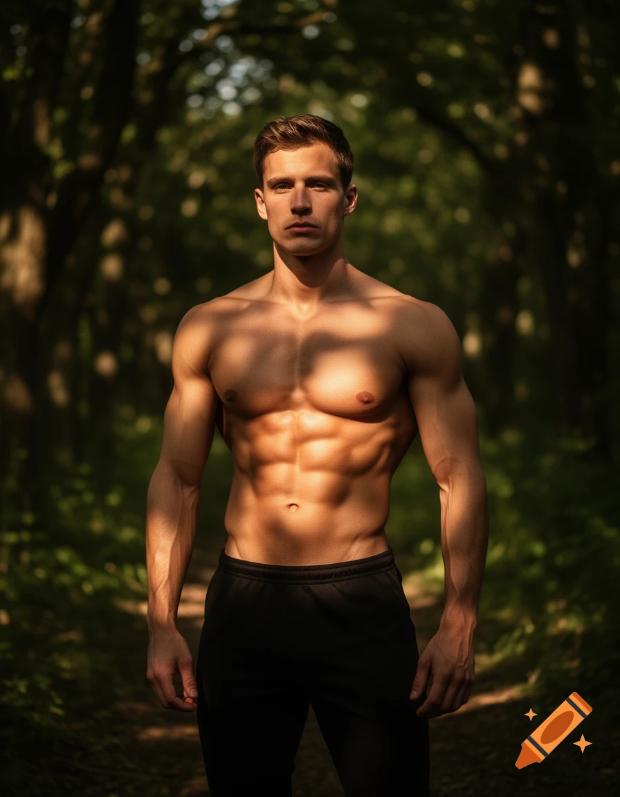 A muscular, shirtless man in black pants stands in a sun-dappled forest path, looking directly at the viewer.
