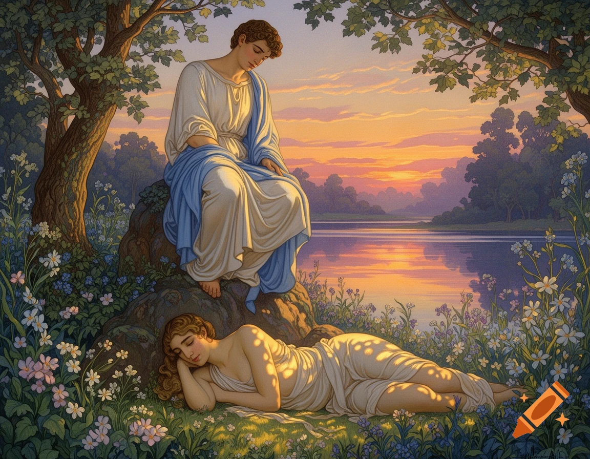 A young man in classical robes sits on a rock, looking down at a woman resting in a field of flowers by a lake at sunset, in Maxfield Parrish's style.