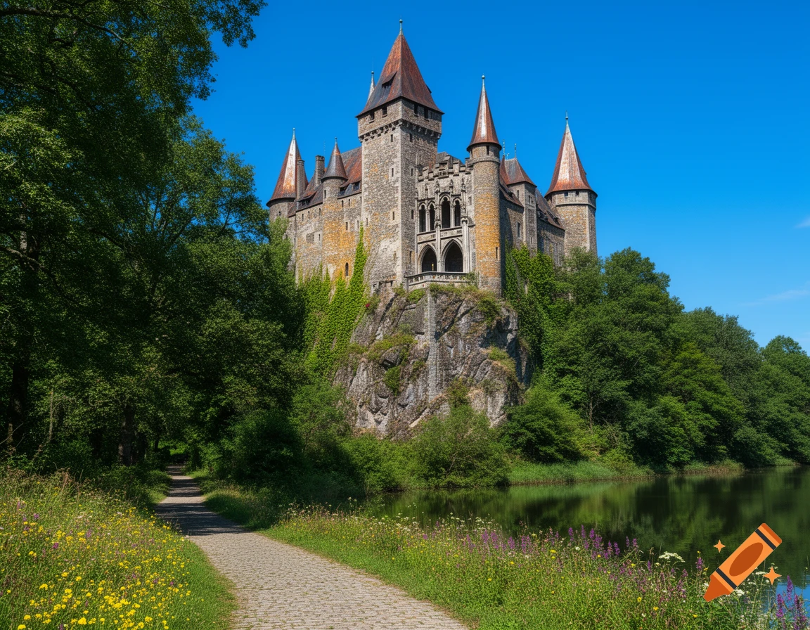 A majestic stone castle with spires sits on a rocky cliff by a lake, surrounded by green trees and a path with wildflowers. Photorealistic.