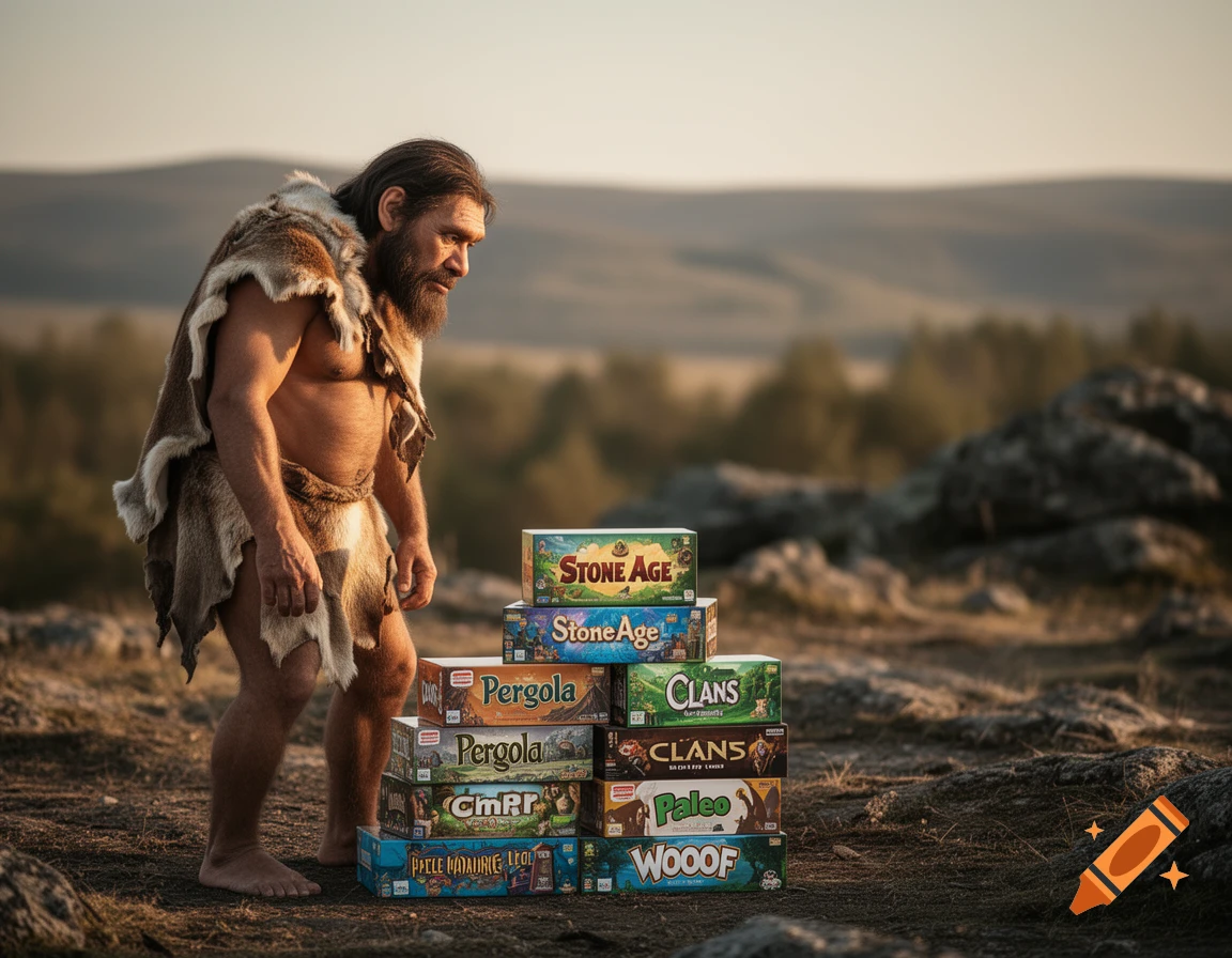A photorealistic Neanderthal man in animal skins looks down at a stack of modern board game boxes outdoors, against a hilly, blurred background.