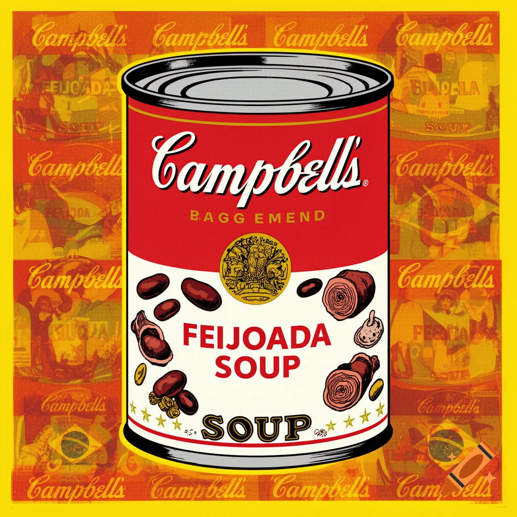 A stylized red and white Campbell's Feijoada Soup can, in the style of Andy Warhol, against a yellow background with faded red soup can patterns.