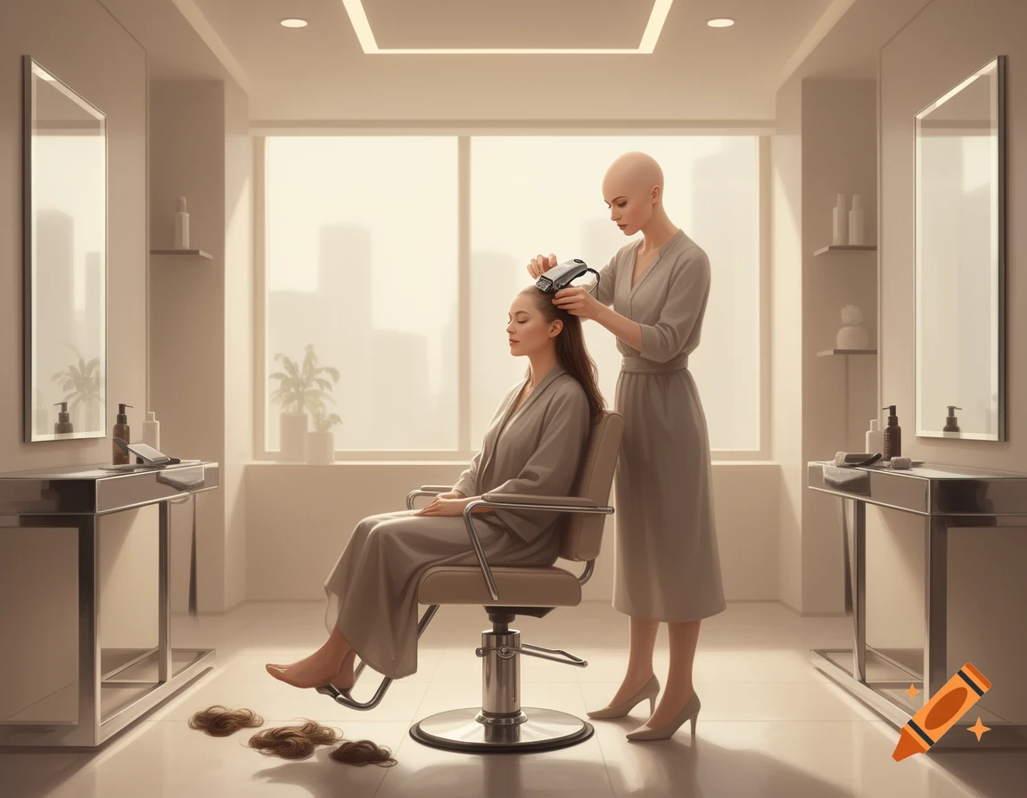 Photorealistic scene of a bald woman shaving another woman's head in a modern hair salon.