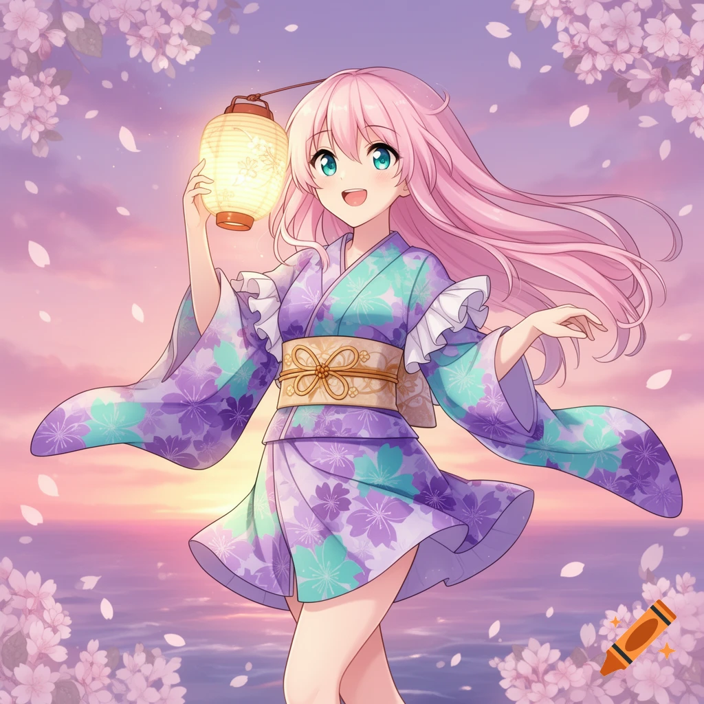 An anime girl with pink hair and a purple and teal yukata smiles while holding a glowing paper lantern amidst falling cherry blossoms at sunset.