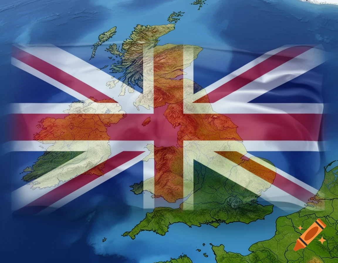A transparent British Union Jack flag overlaid on a topographical map of the United Kingdom and Ireland.