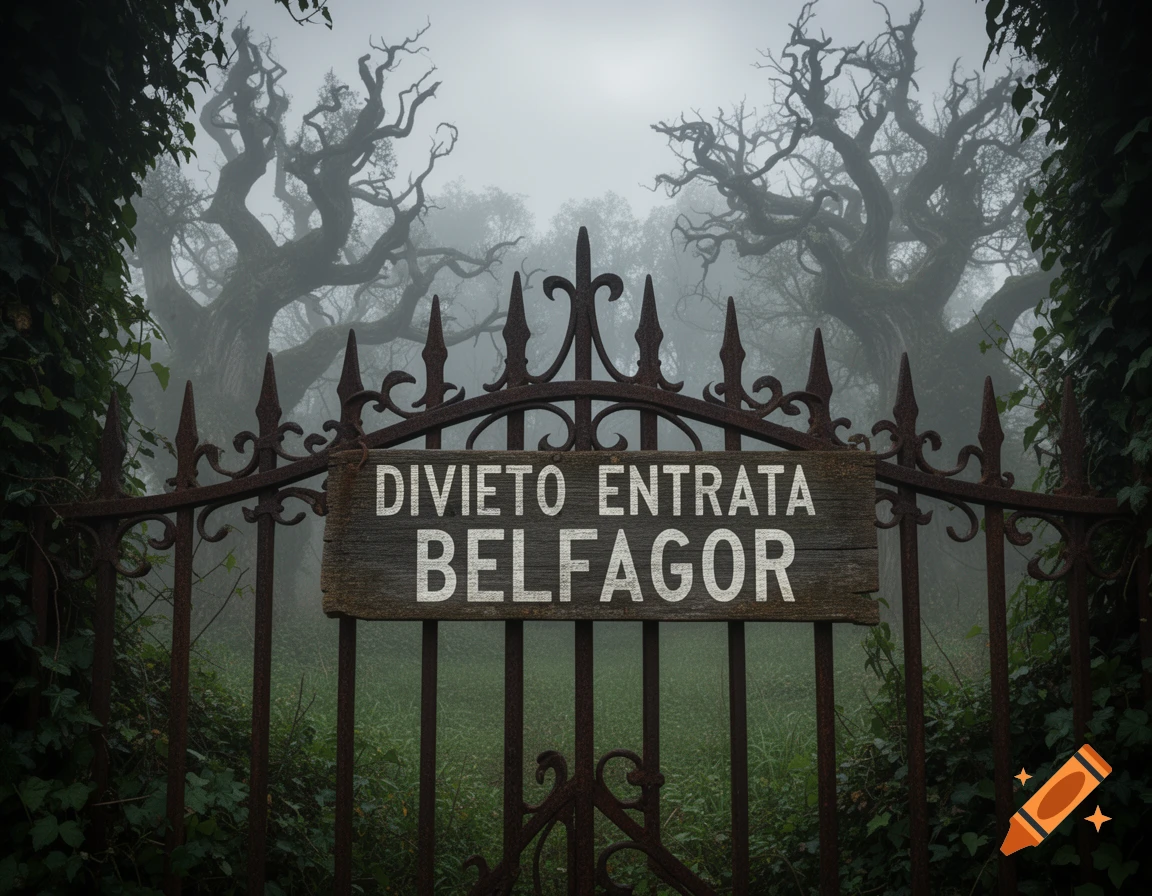 A rusty, ornate gate with a 'DIVIETO ENTRATA BELFAGOR' sign, leading to spooky, gnarled trees in dense fog.