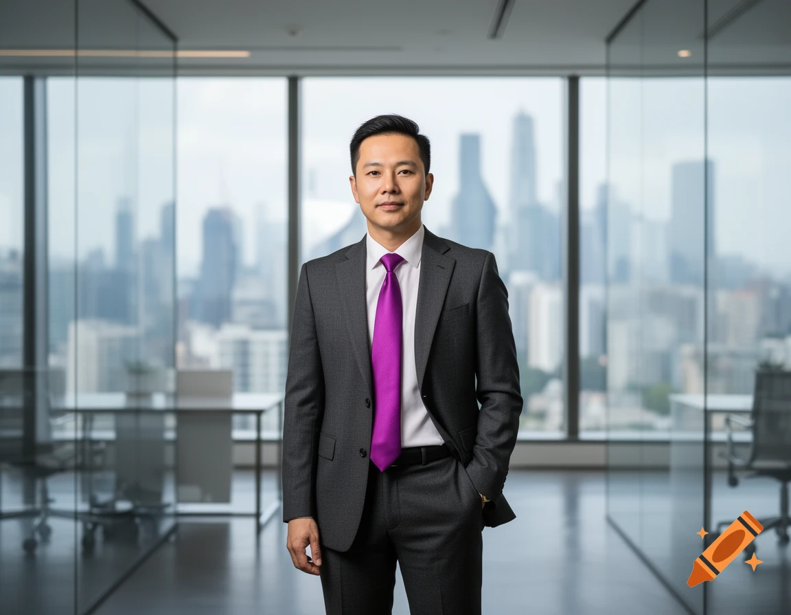 A professional Asian man in a dark suit and vibrant purple tie stands confidently in a modern office with a city skyline view.