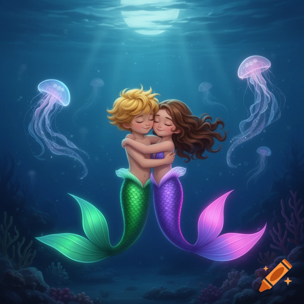Two mermaid children, one with golden hair and a green tail, the other with brown hair and a purple tail, hug underwater amidst jellyfish and coral in a stylized illustration.