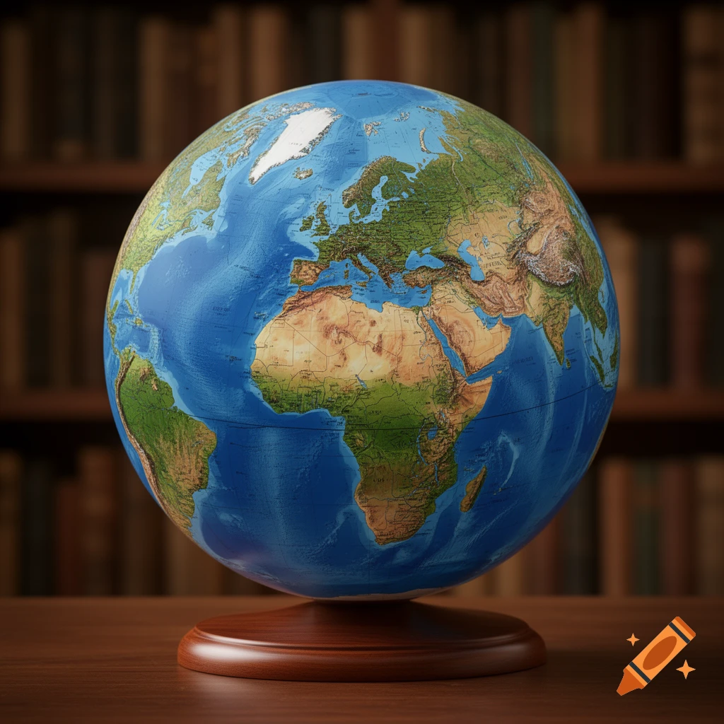 A detailed terrestrial globe with continents Europe, Africa, and parts of Asia and the Americas, resting on a wooden stand on a table with a blurred bookshelf background.