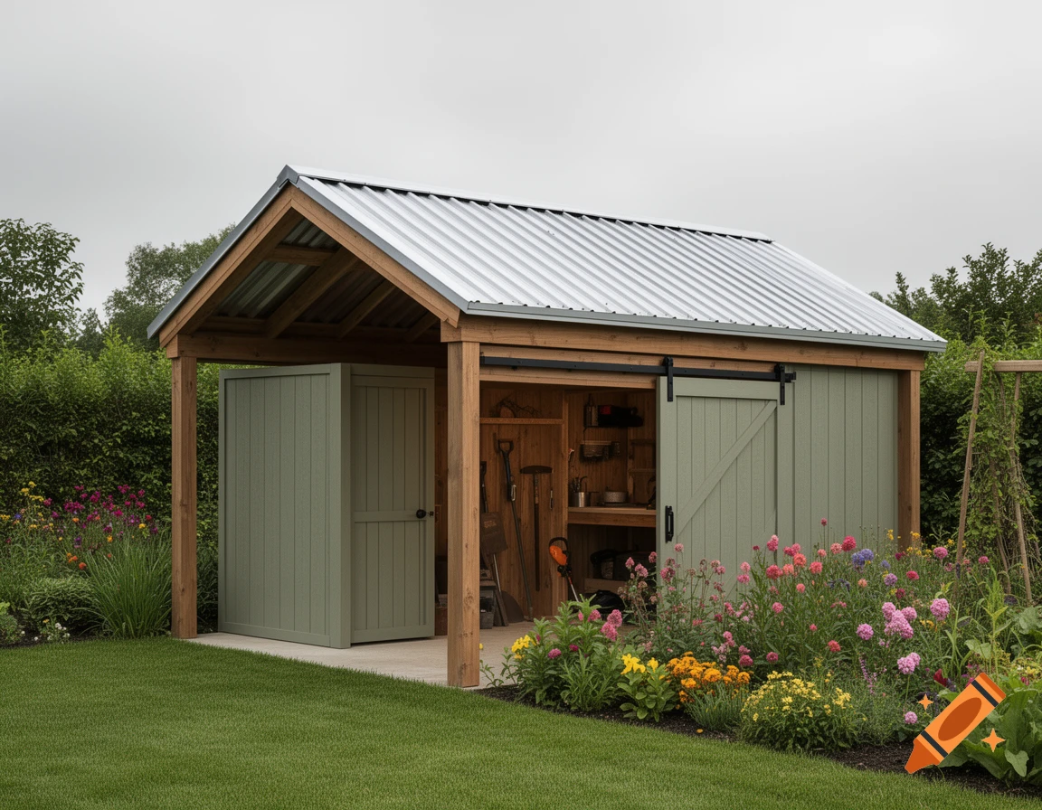 A photorealistic image of a wooden garden shed with a metal roof and light green sliding doors, surrounded by a vibrant flower garden and green lawn.