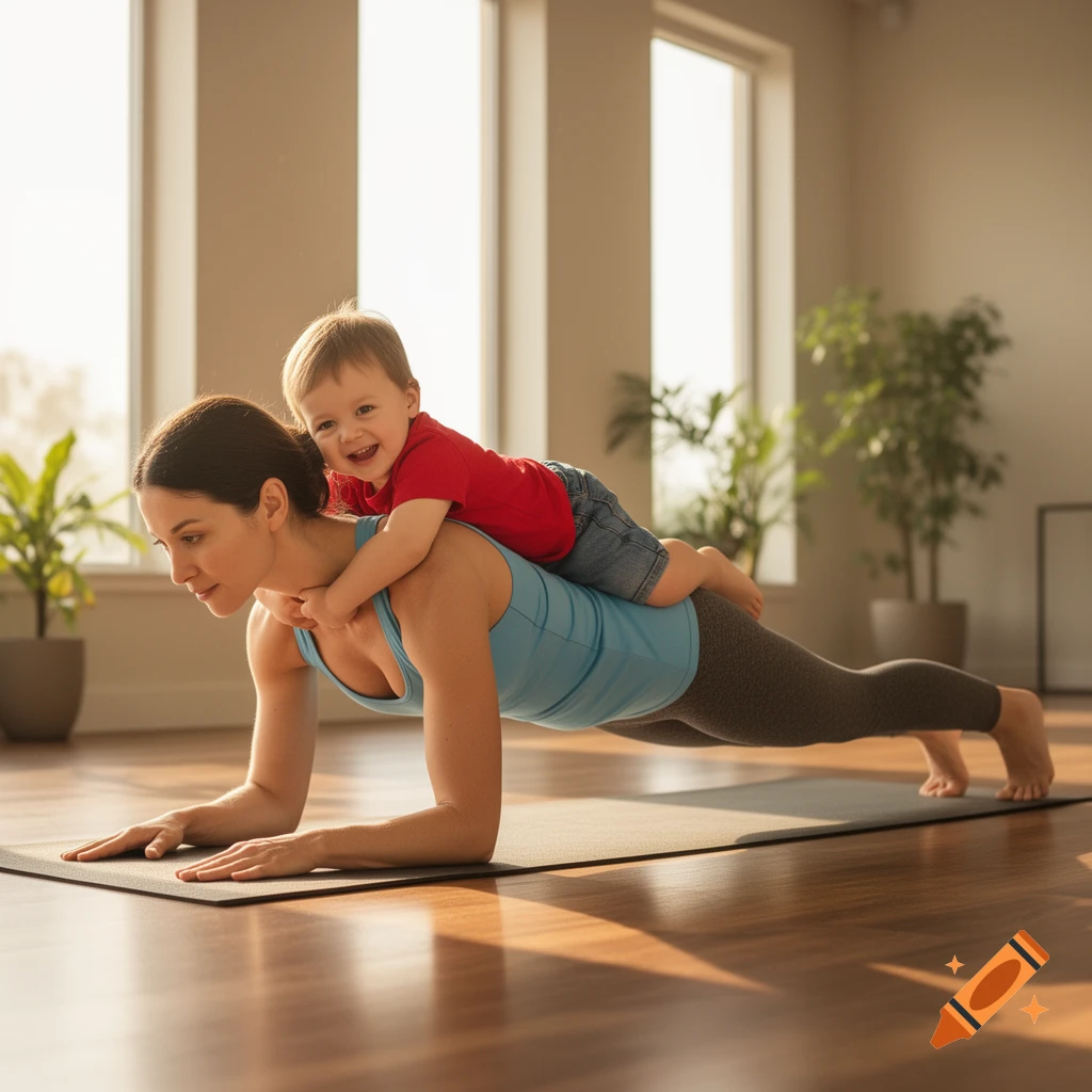 A mother doing a plank exercise with her smiling toddler on her back, on a yoga mat in a sunlit room, photorealistic.