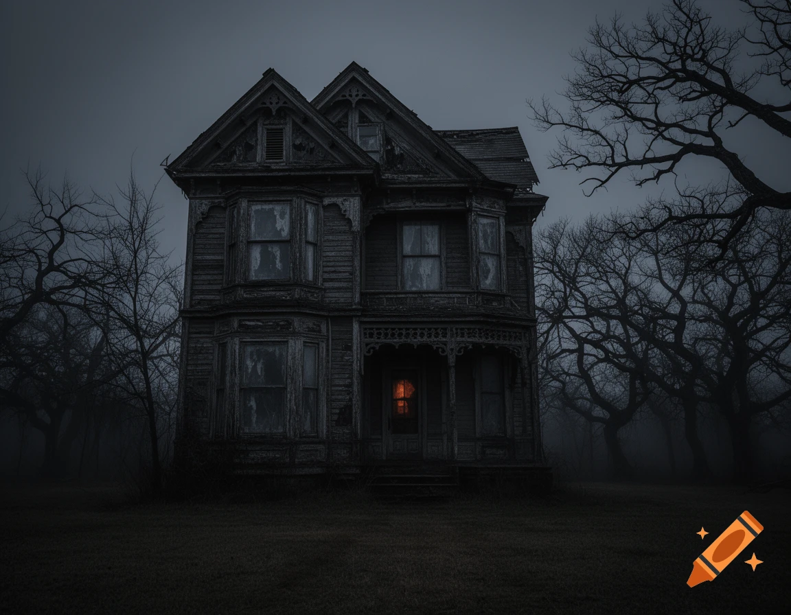 A dark, eerie, decaying two-story haunted house with a single glowing window, surrounded by bare trees and fog at dusk.