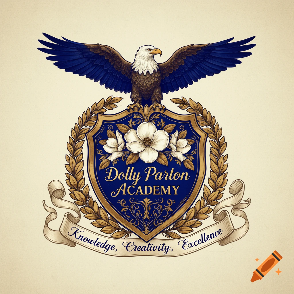 A detailed school crest for Dolly Parton Academy with a bald eagle, blue and gold shield, magnolias, and text on a ribbon.