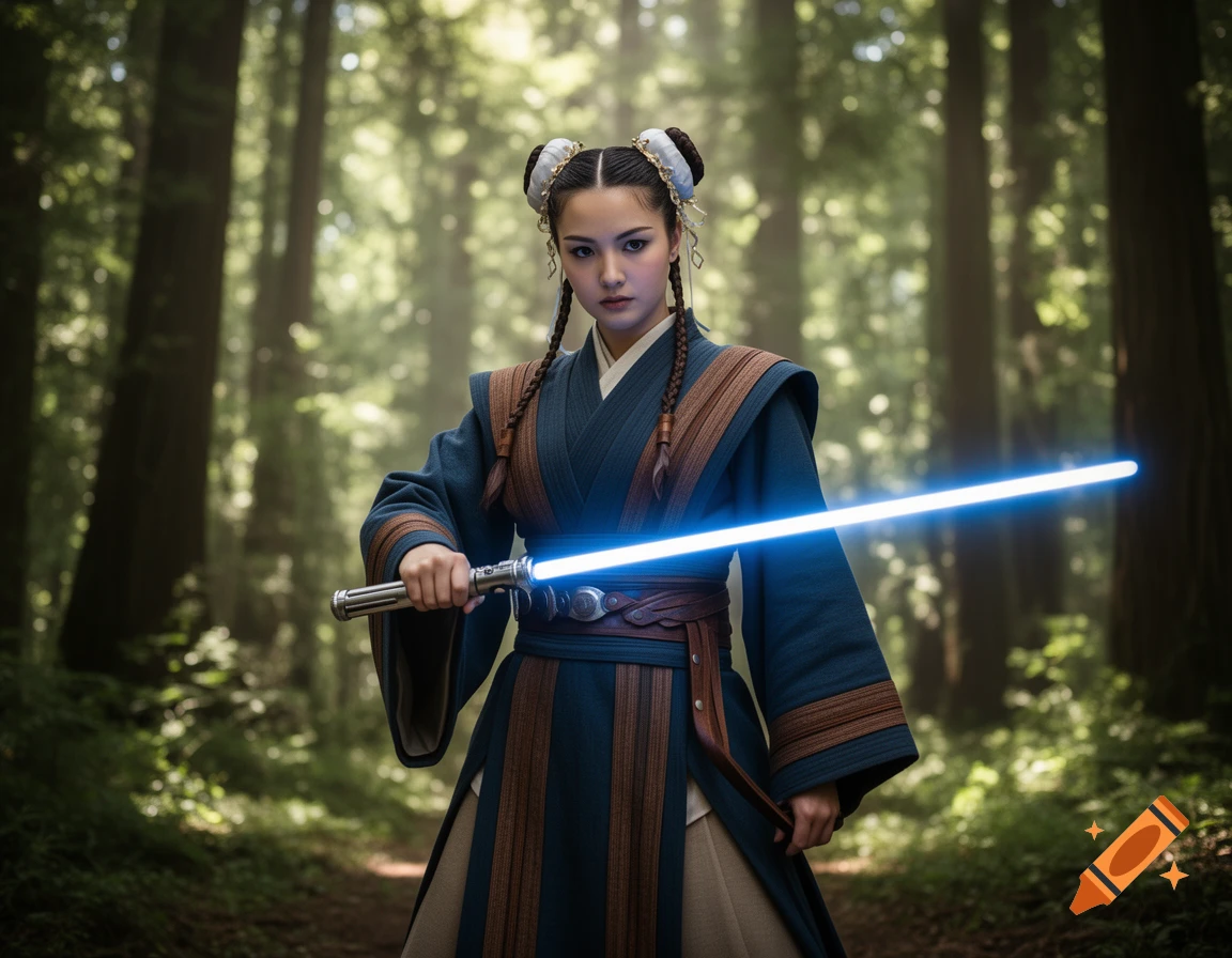 A woman in a dark blue and brown Jedi-like robe holds a glowing blue lightsaber in a sunlit forest. She has braids and an intricate bun.