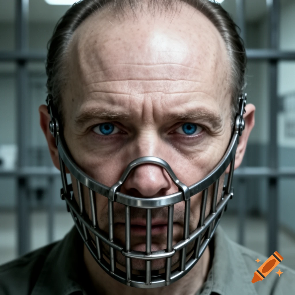 Close-up, photorealistic portrait of a bald man with piercing blue eyes, wearing a metal muzzle, in a prison setting.