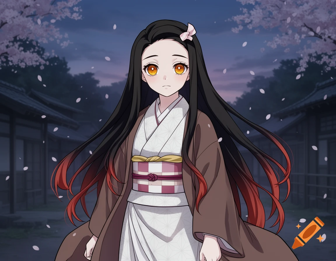 Anime girl Nezuko in a white kimono and brown haori, black hair with red tips, yellow eyes, in a Japanese village with cherry blossoms.