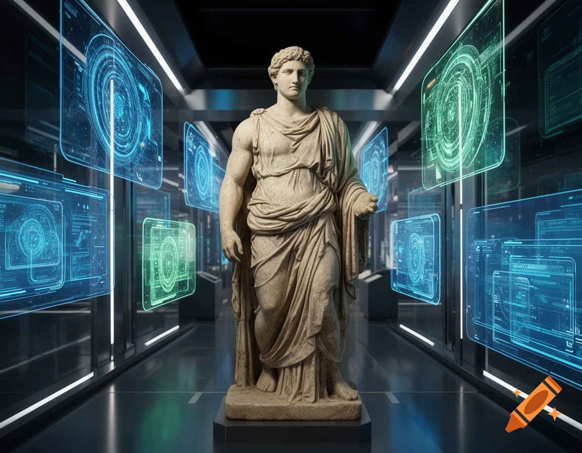 Classical Greek statue standing amidst glowing blue and green futuristic holographic displays in a dark room.