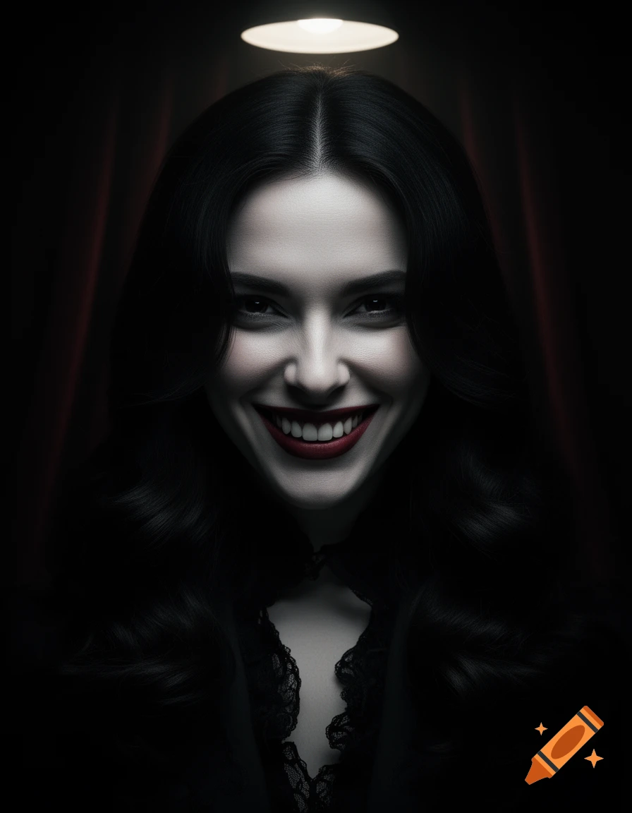 Pale woman with dark hair and red lips, smiling unsettlingly under a spotlight against a dark, red-curtained background.