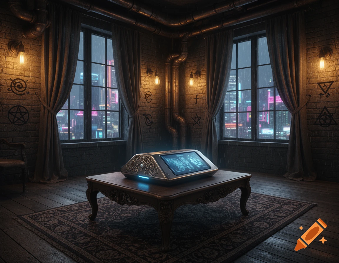 A dimly lit room in steampunk and cyberpunk style, with large windows overlooking a neon city in the rain. A futuristic device glows on a wooden table.