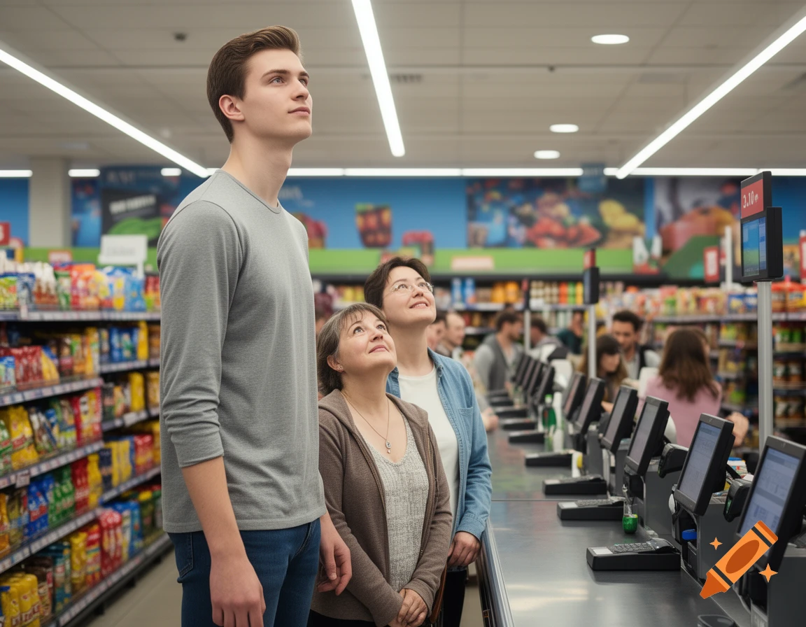 A tall young man stands in a supermarket checkout line with two shorter adults behind him, looking up, photorealistic.