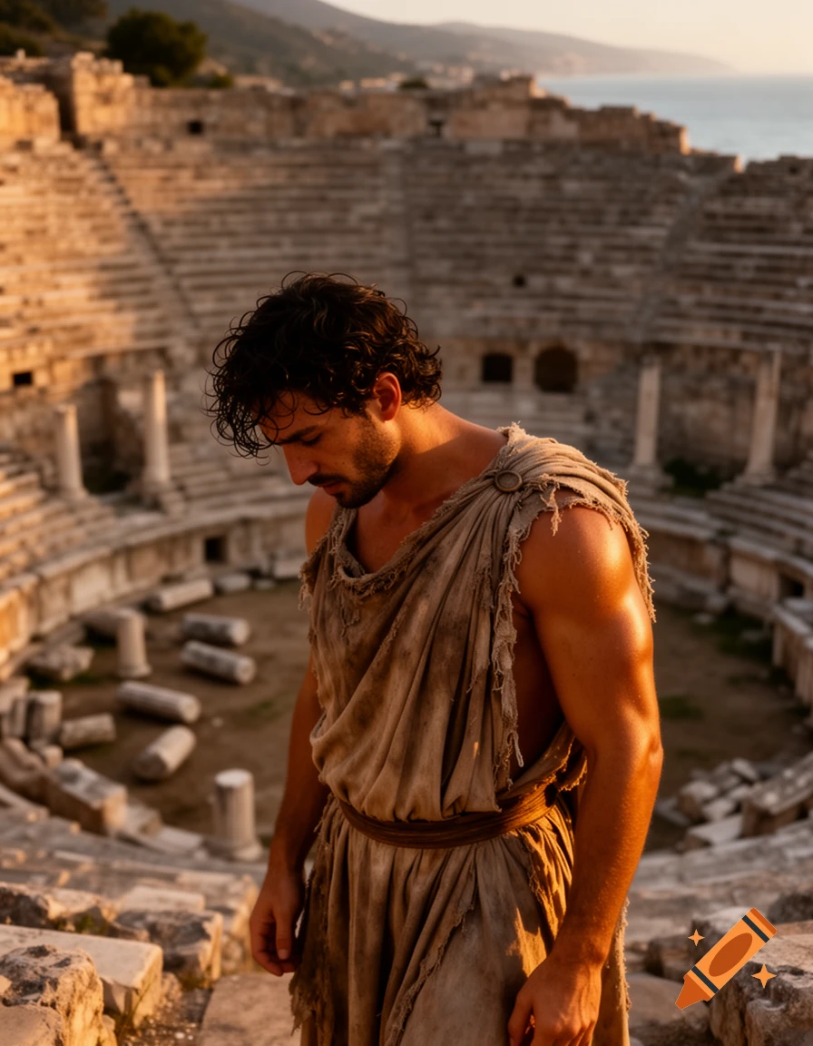 A man in ancient Greek attire stands in an amphitheater at sunset, looking down. The sea is visible in the background.