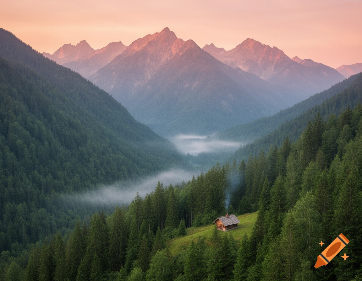 A small cabin in a pine forest overlooking a misty mountain valley at sunrise.