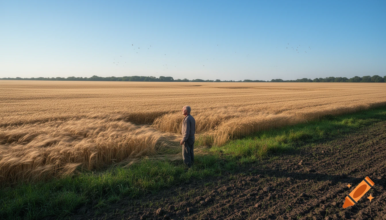 An elderly man stands in a vast golden wheat field under a clear blue sky, looking up.