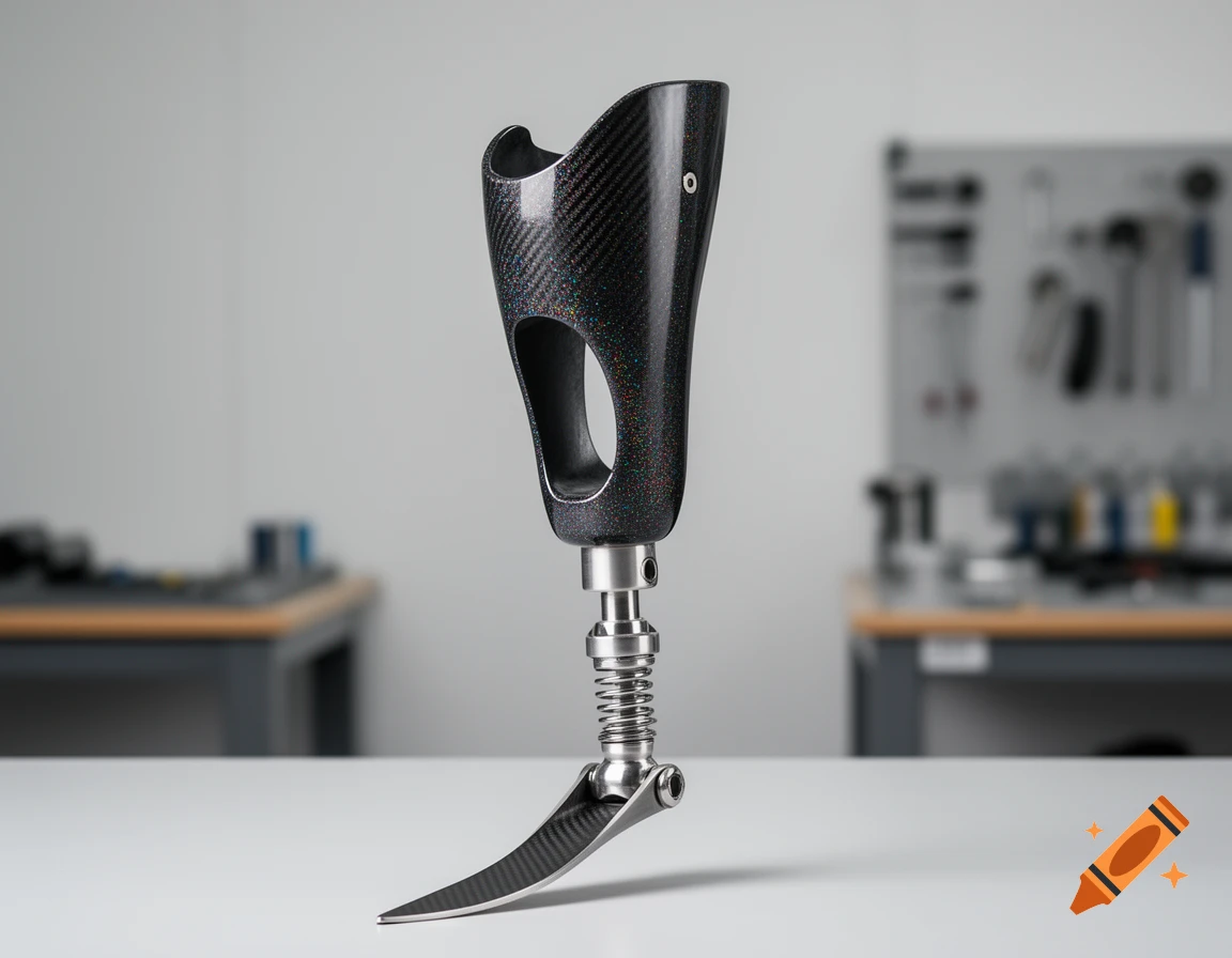 Black carbon fiber leg prosthesis with a metallic adapter and blade on a white surface in a workshop, photorealistic.