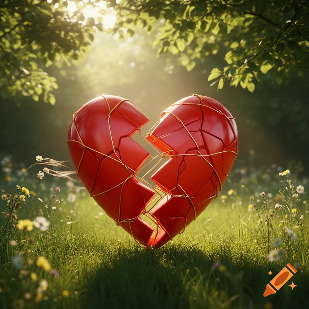 A shiny red broken heart, mended with golden wire, stands in a sunlit grassy field with wildflowers.