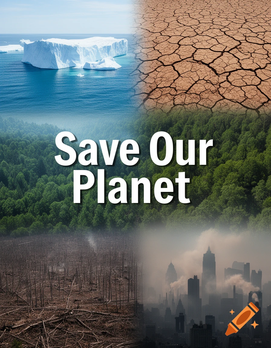 A quad-panel collage depicting environmental issues: an iceberg, cracked earth, deforested land, and a polluted city, with text 'Save Our Planet'.