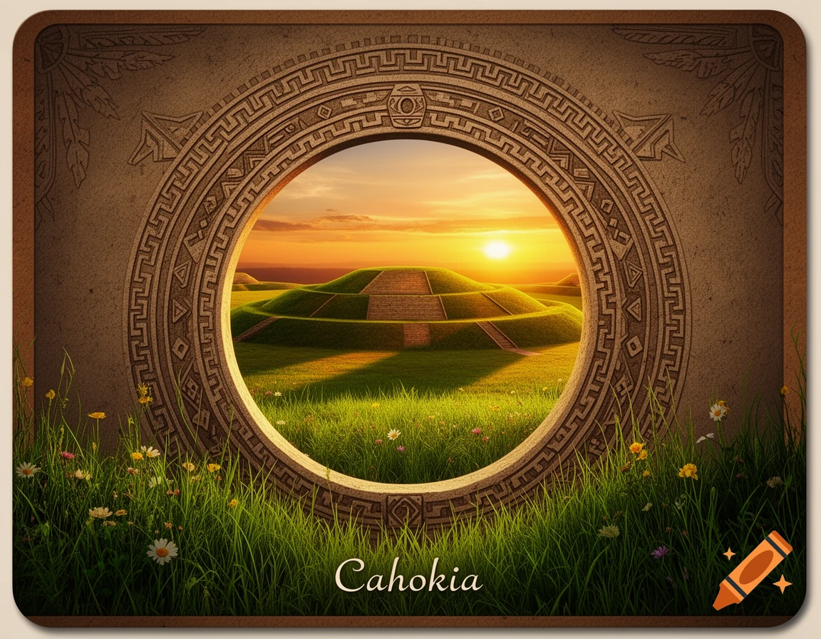 A circular carved stone portal frames a sunset over green ancient mounds, with grass and flowers in the foreground. The word 'Cahokia' is at the bottom.