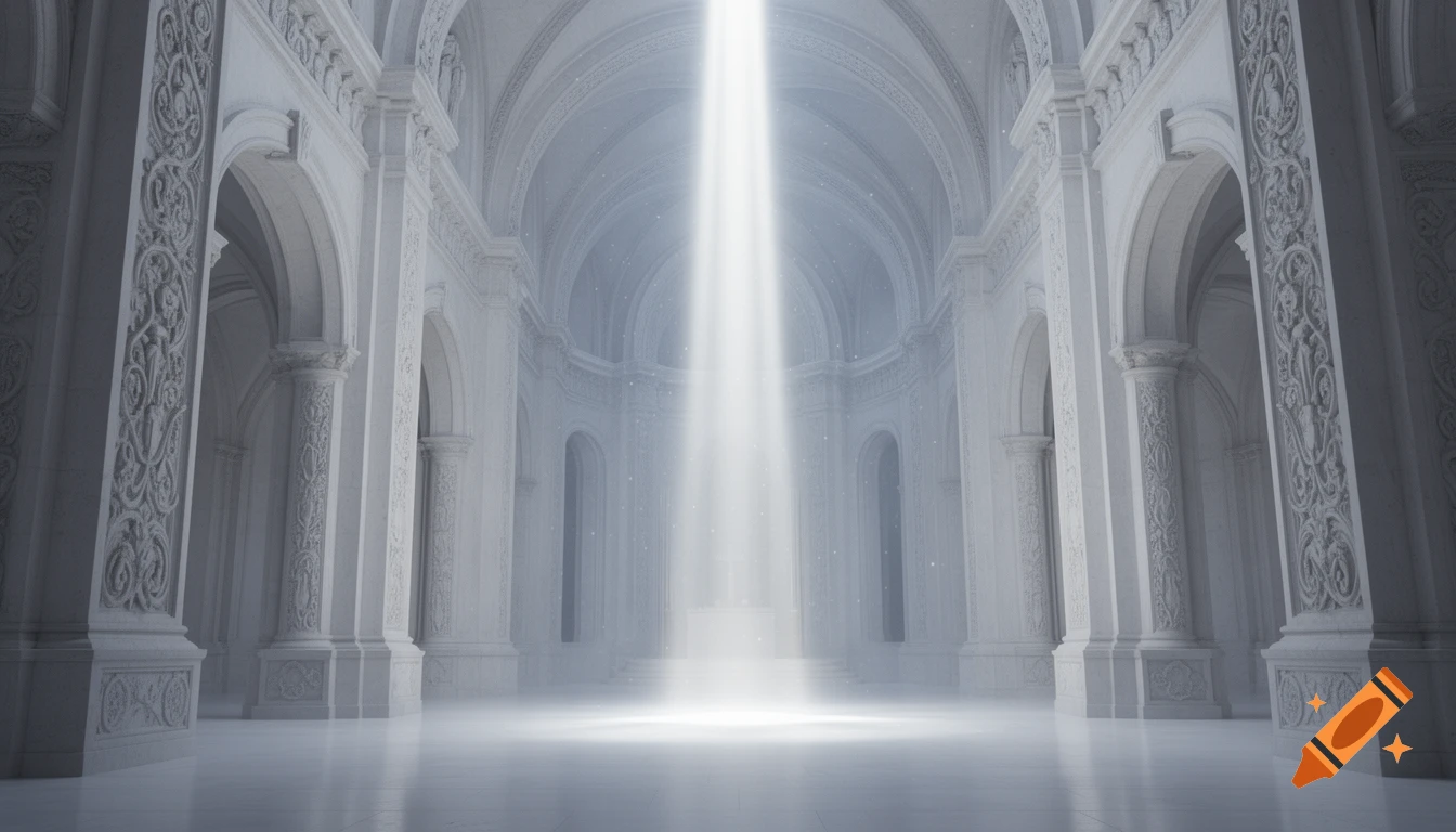 Grand white hall with ornate arches and columns, illuminated by a brilliant beam of divine light from the ceiling.