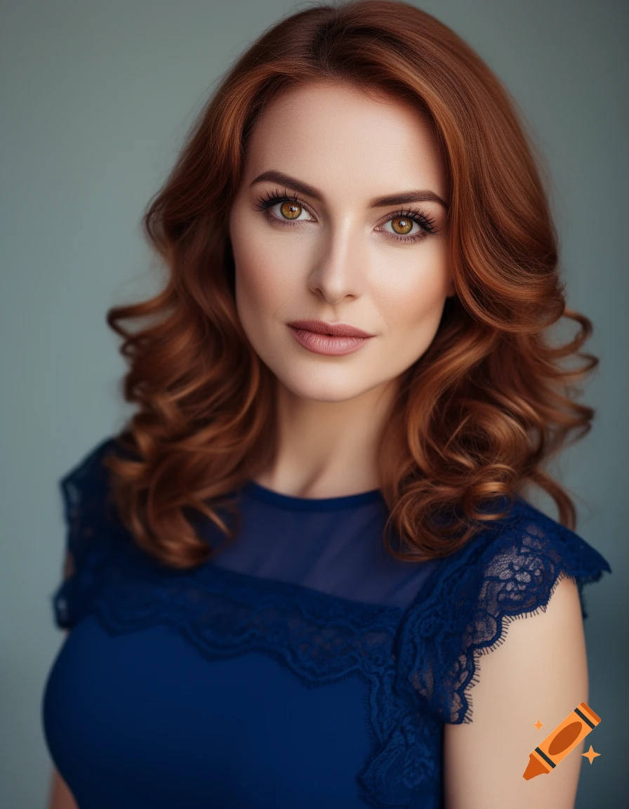 Photorealistic portrait of a woman with auburn hair and brown eyes wearing a blue lace top.