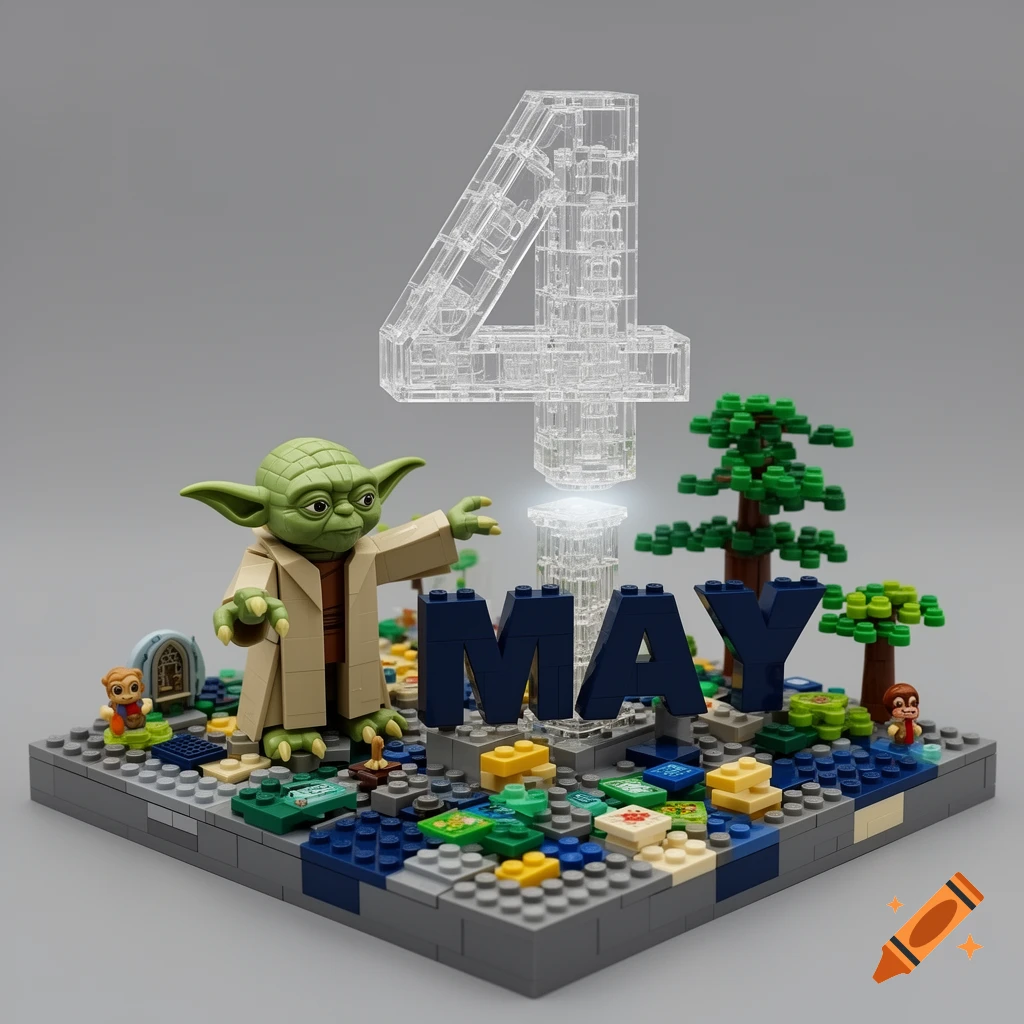 A detailed Lego diorama features Yoda levitating a large clear number "4" above the word "MAY" on a brick base with trees and small figures.