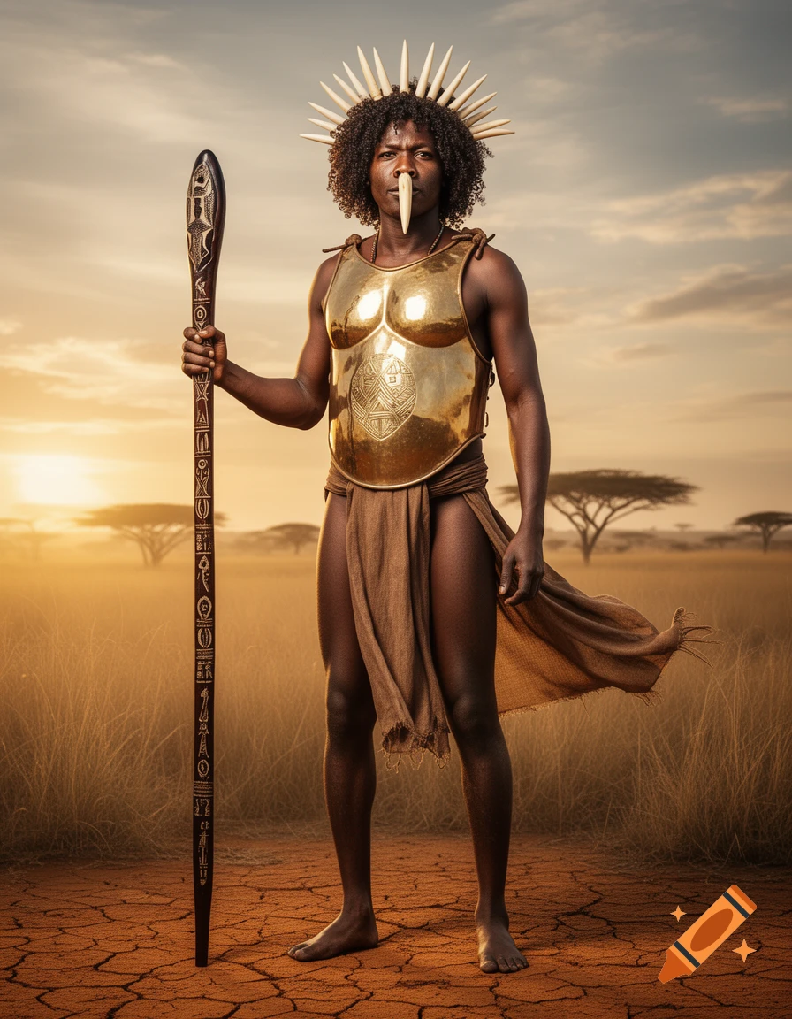 A Black African shaman in a golden breastplate and loincloth holds a staff in a savanna at sunset.