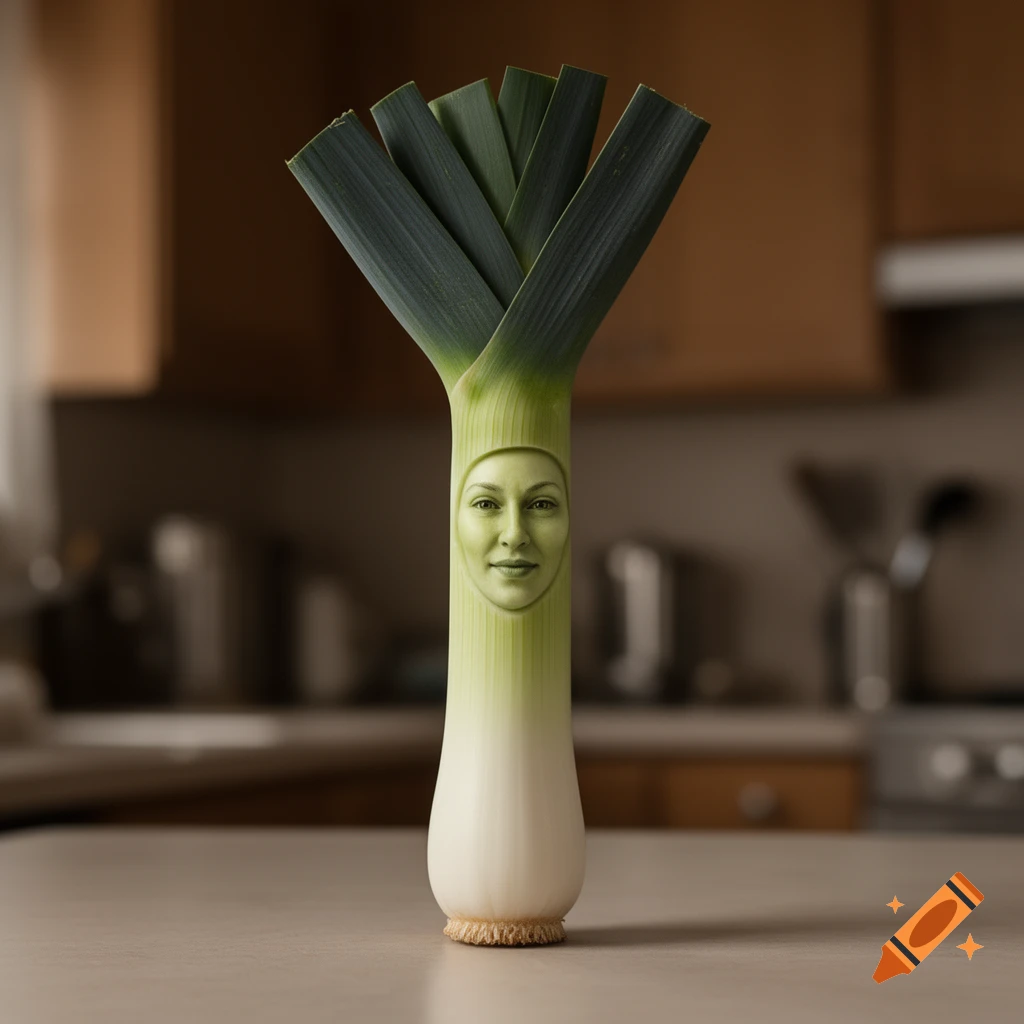 Photorealistic image of a leek with a human face carved into its stem, standing on a kitchen counter.