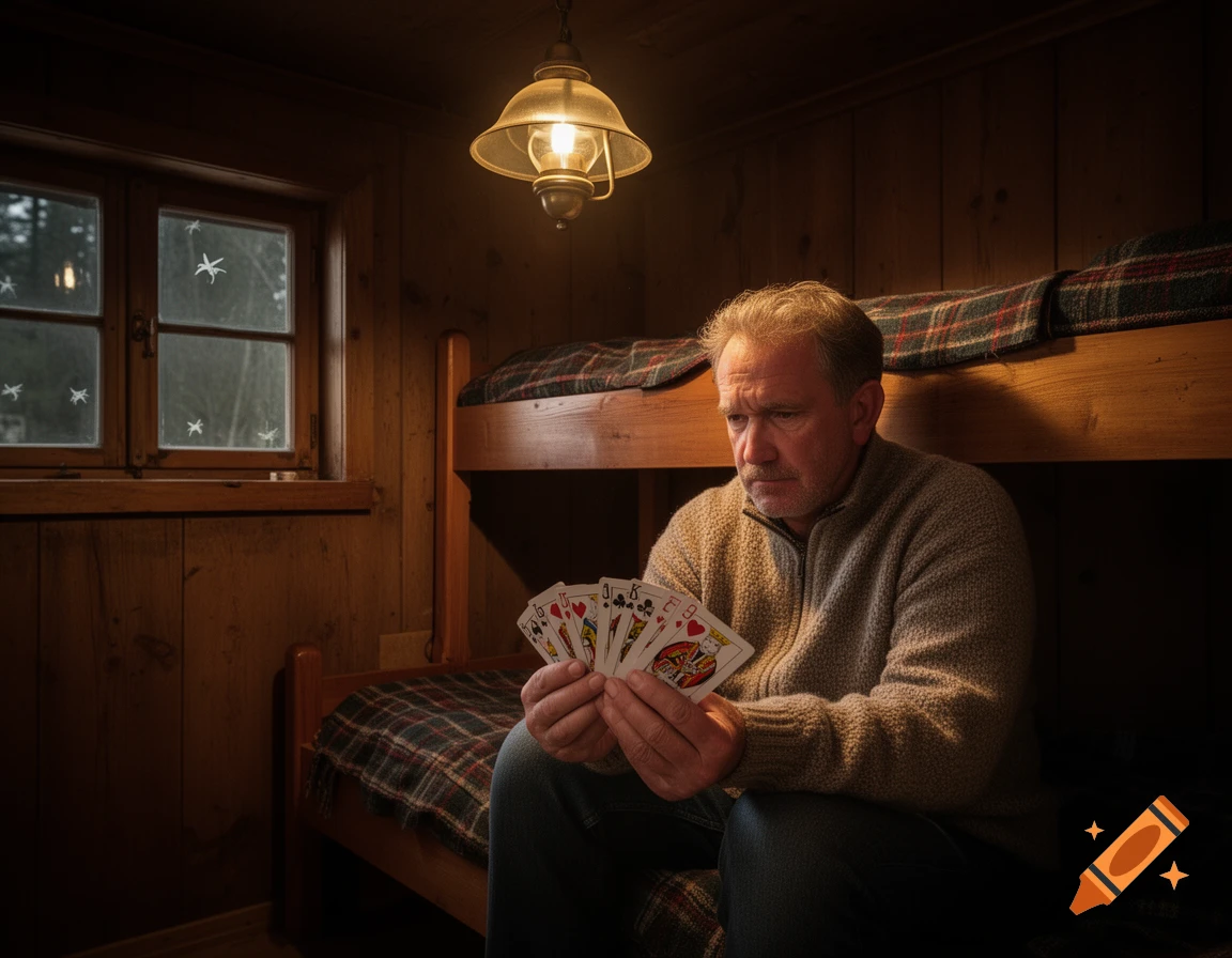 A man intently holds playing cards while sitting on a lower bunk in a dimly lit, rustic wooden cabin.