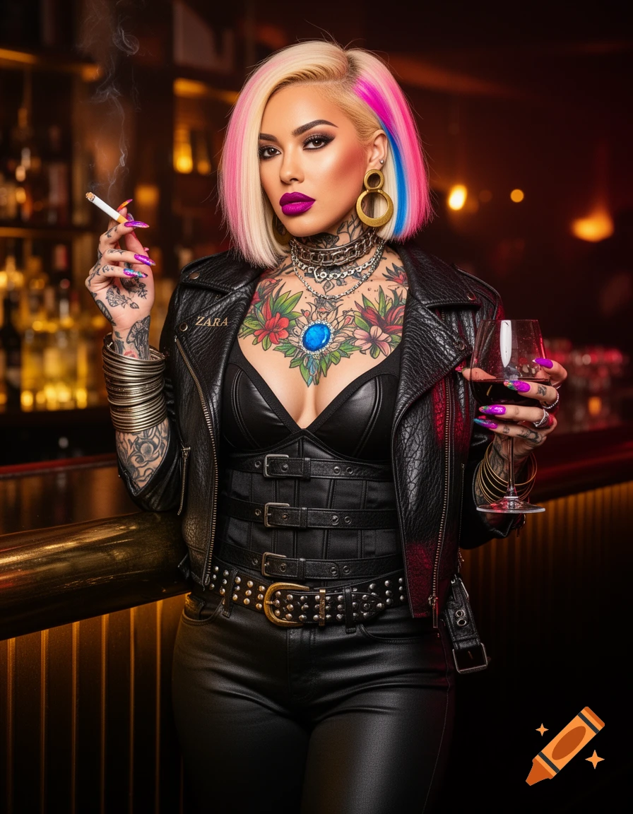 A woman with blond, pink, and blue hair, heavy makeup, and extensive tattoos wears a leather jacket, corset, and pants. She holds a cigarette and a glass of red wine in a dimly lit bar.
