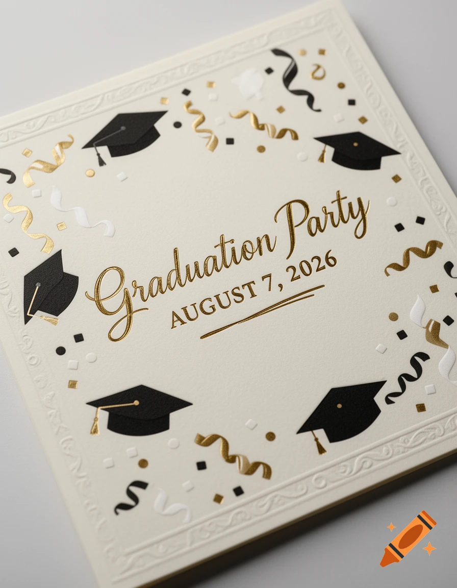 An elegant cream-colored graduation party invitation card with gold foil text reading "Graduation Party AUGUST 7, 2026", adorned with black graduation caps and confetti.