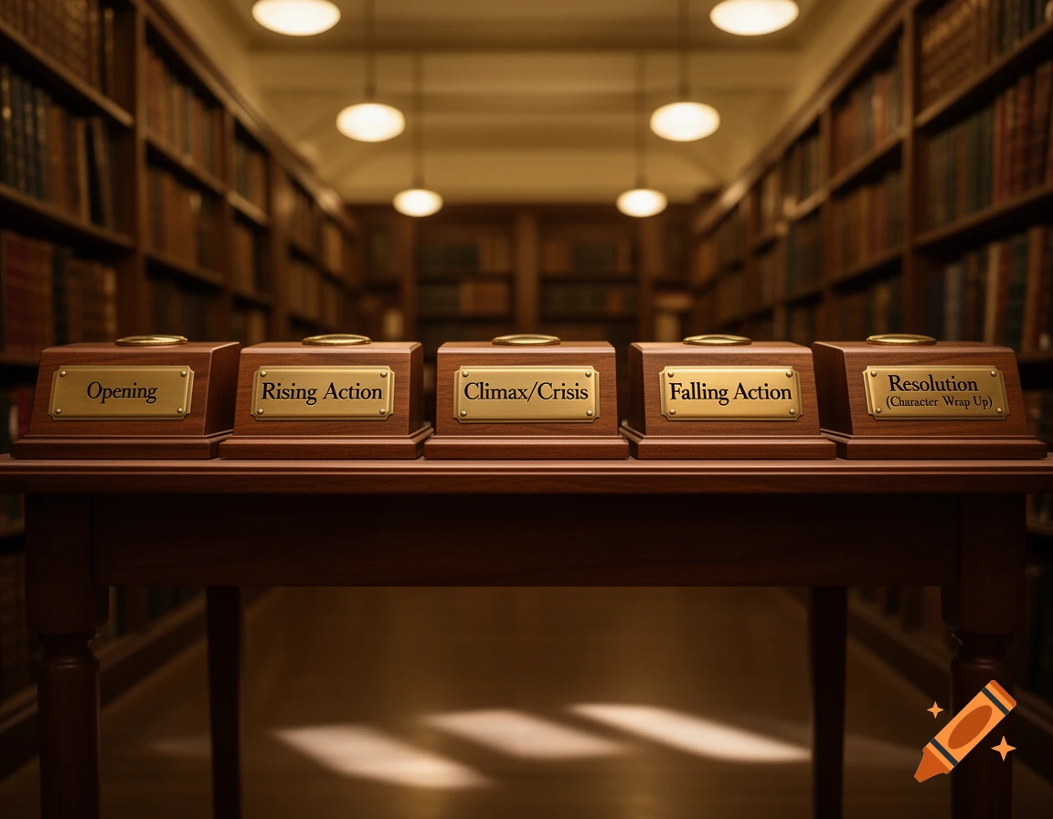 Five wooden plaques on a table in a library, labeled with story structure elements: Opening, Rising Action, Climax/Crisis, Falling Action, Resolution.