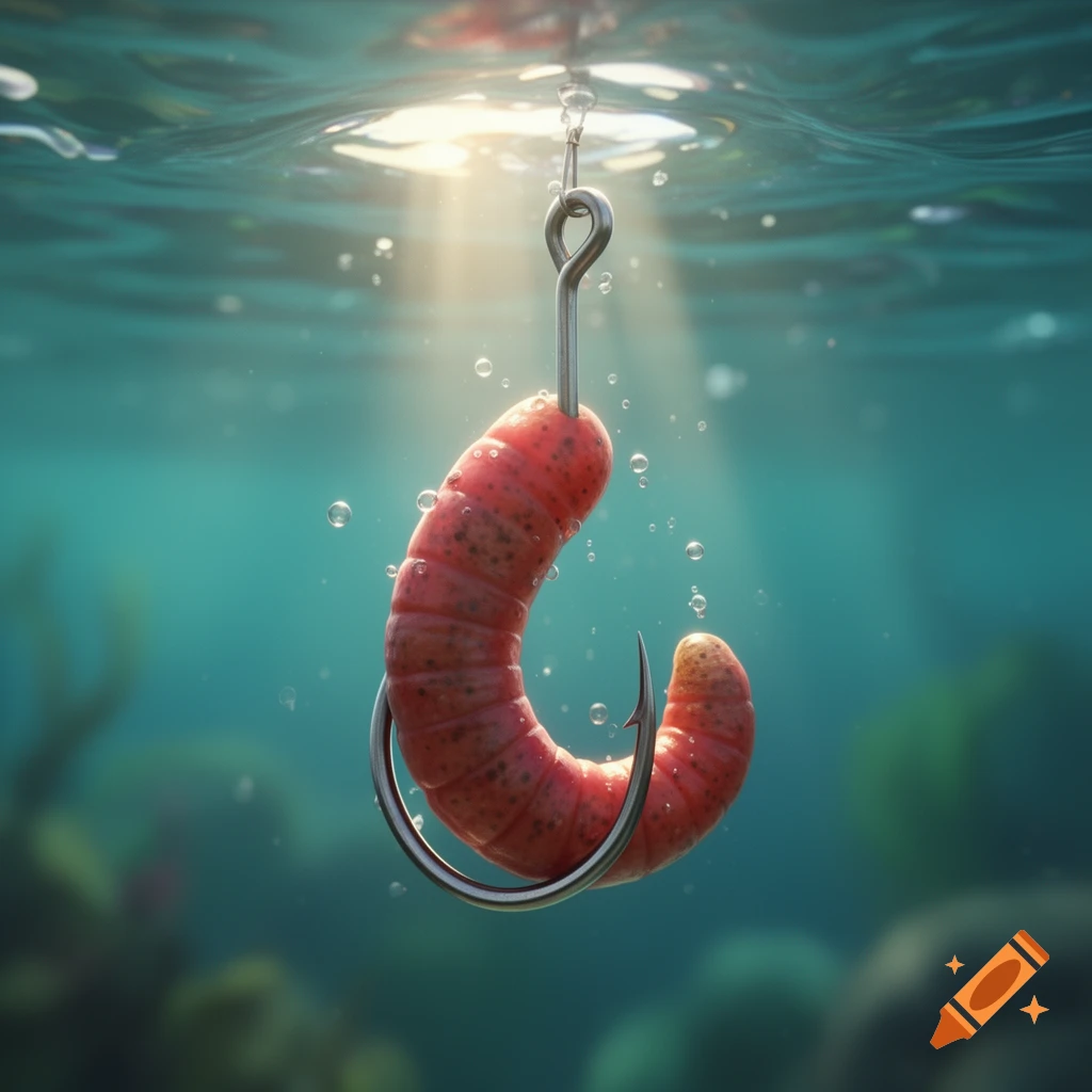 An animated, photorealistic red worm on a fishing hook, submerged underwater with sunlight rays and air bubbles.