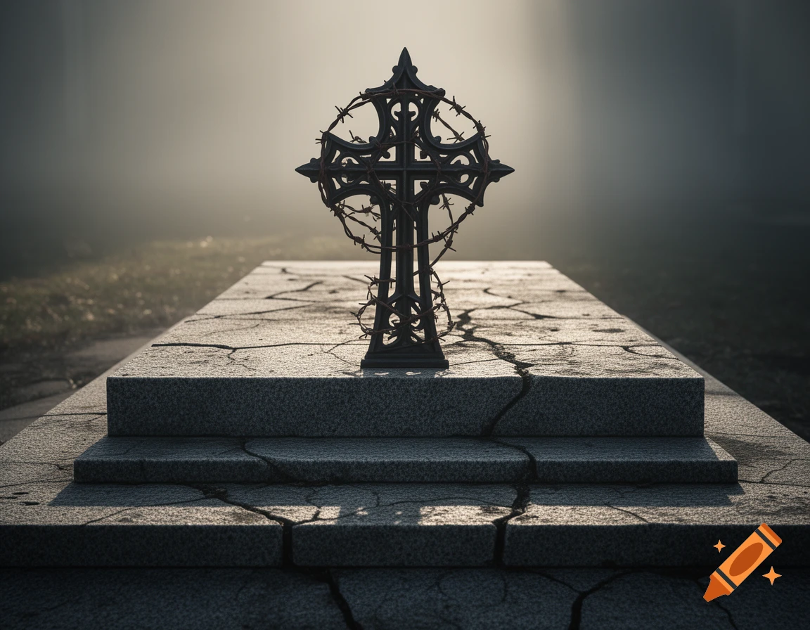 Dark gothic cross wrapped in barbed wire on cracked stone steps in a misty, hazy outdoor setting.