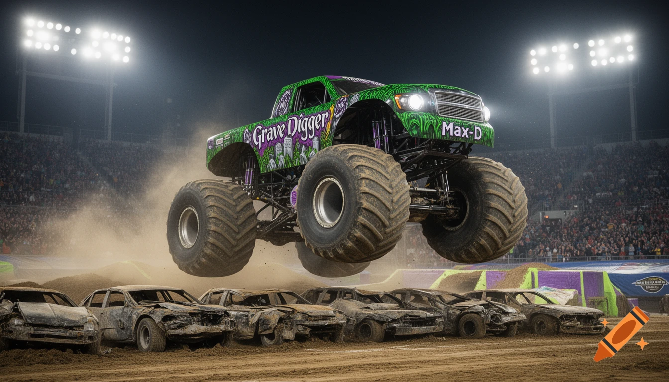 Photorealistic image of a green Grave Digger monster truck mid-jump over crushed cars in a stadium arena.