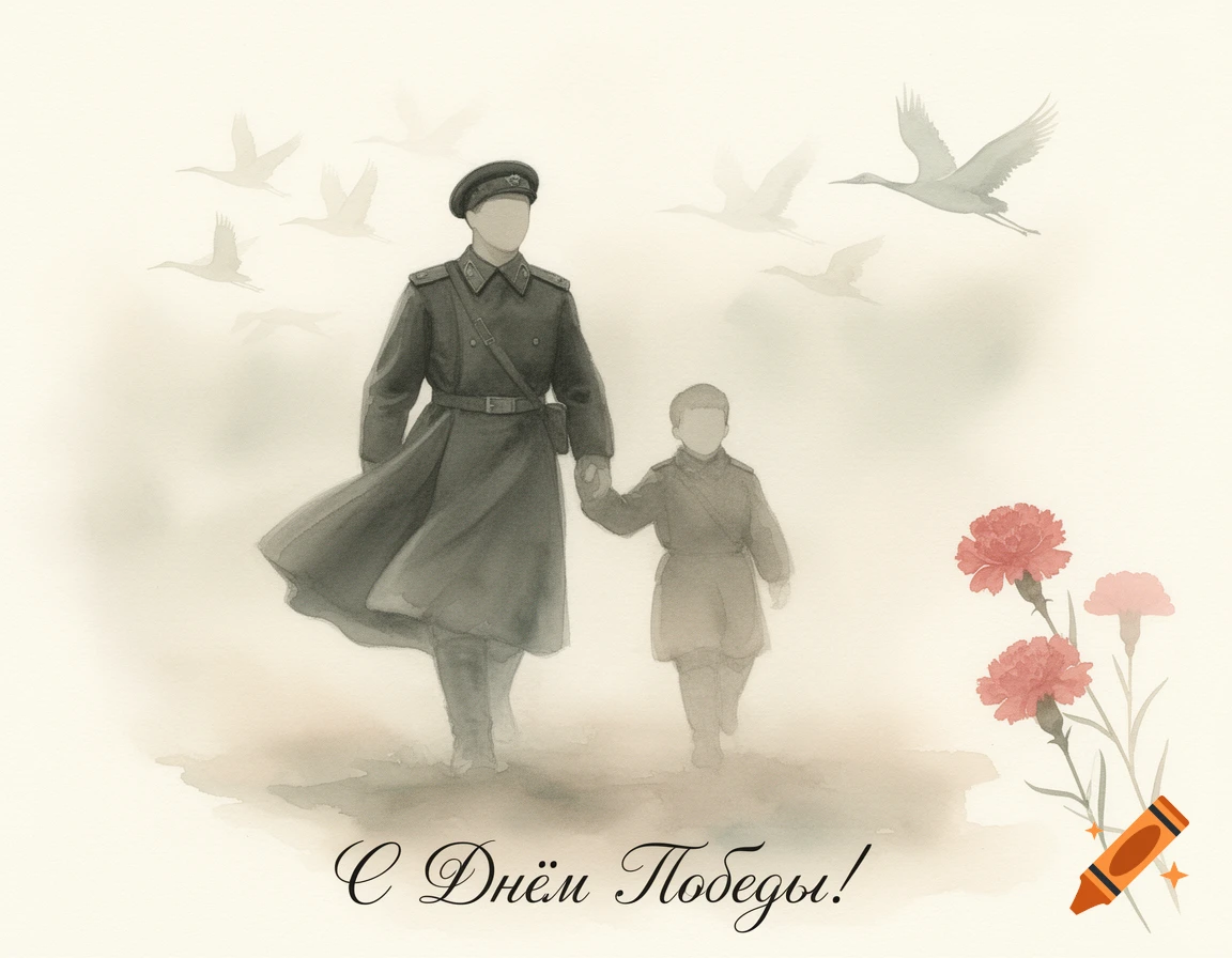 Soft watercolor painting of a Soviet soldier and child walking, holding hands, with flying cranes and red carnations.