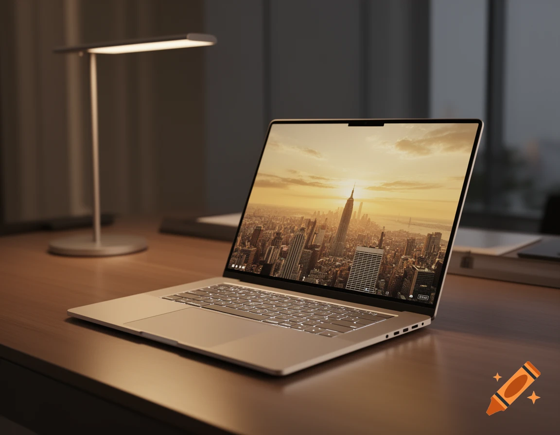 A modern silver laptop on a wooden desk, illuminated by a sleek lamp. The screen displays a city skyline at sunset.