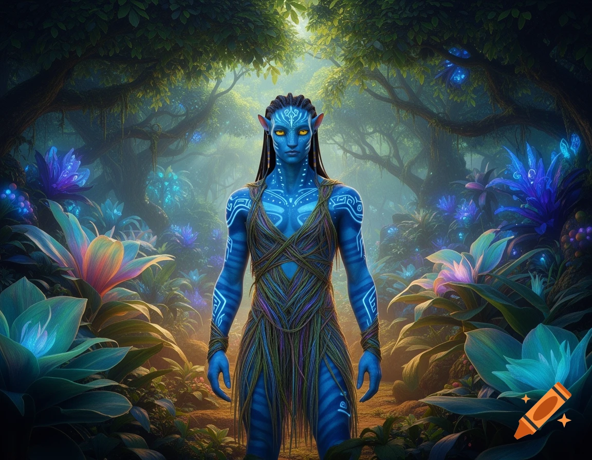 A blue-skinned Avatar-like character with yellow eyes stands in a vibrant, bioluminescent jungle with glowing plants and trees.