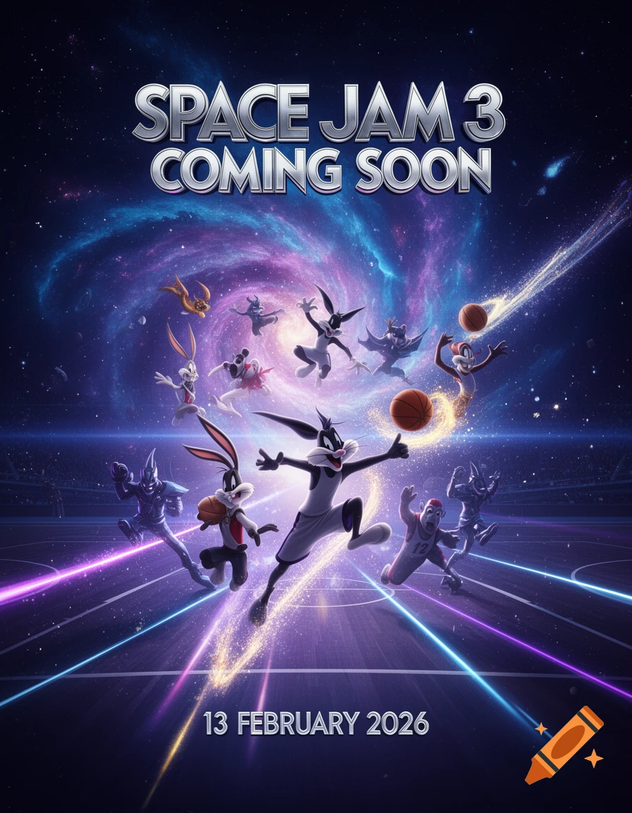 Space Jam 3 movie poster with Bugs Bunny, Daffy Duck, and animated characters playing basketball on a cosmic court. Text: 'Coming Soon 13 February 2026'.