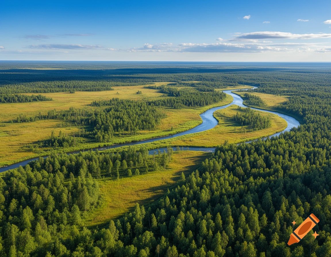 An aerial view of a winding blue river cutting through a dense green forest and golden plains under a clear blue sky.