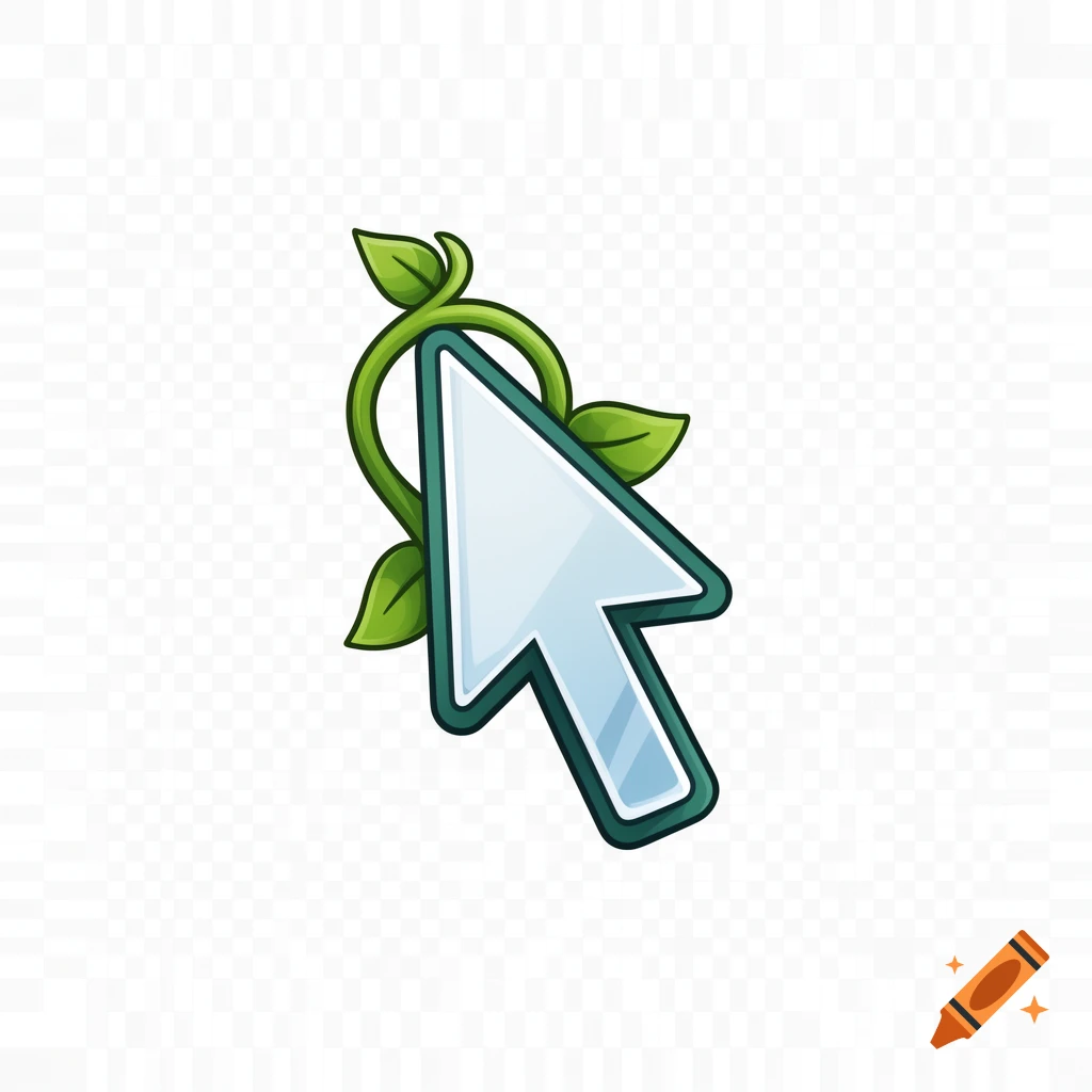 A stylized light blue computer cursor with a thick green outline and a green vine wrapped around its base, on a transparent background.