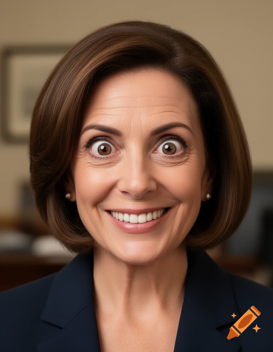 A woman with short brown hair, wearing a dark blazer, smiles broadly with wide, bulging eyes.